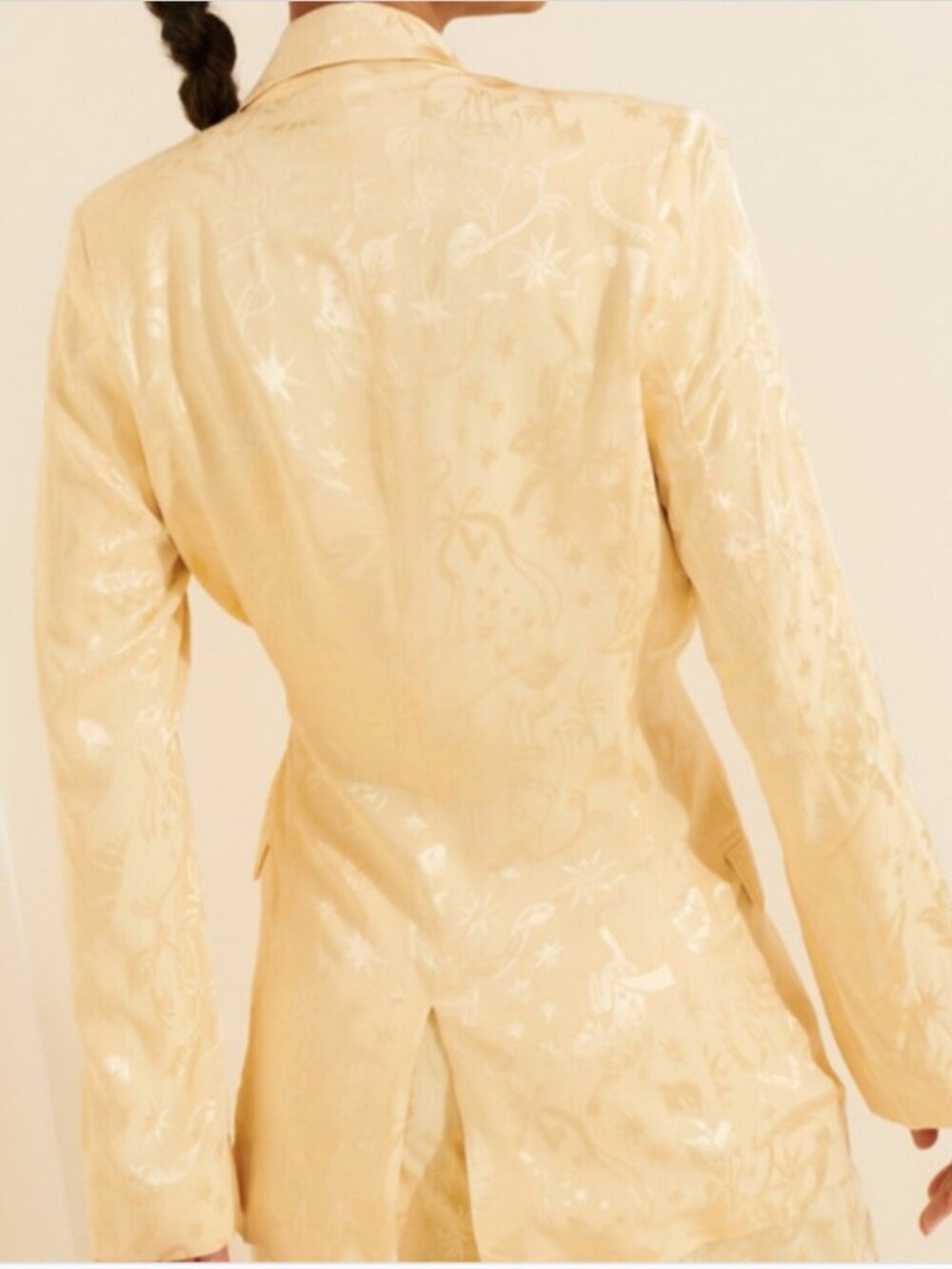 FARM RIO beige gold satin long-sleeve blazer mystical jacquard pattern size L - Picture 3 of 8